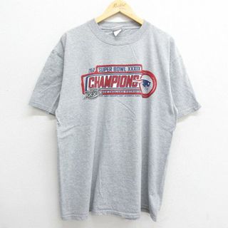 チャンピオン(Champion)のXL★古着 半袖 ビンテージ Tシャツ メンズ 00年代 00s NFL ニューイングランドペイトリオッツ チャンピオンズ クルーネック グレー 霜降り アメフト スーパーボウル 23jul28 中古(Tシャツ/カットソー(半袖/袖なし))