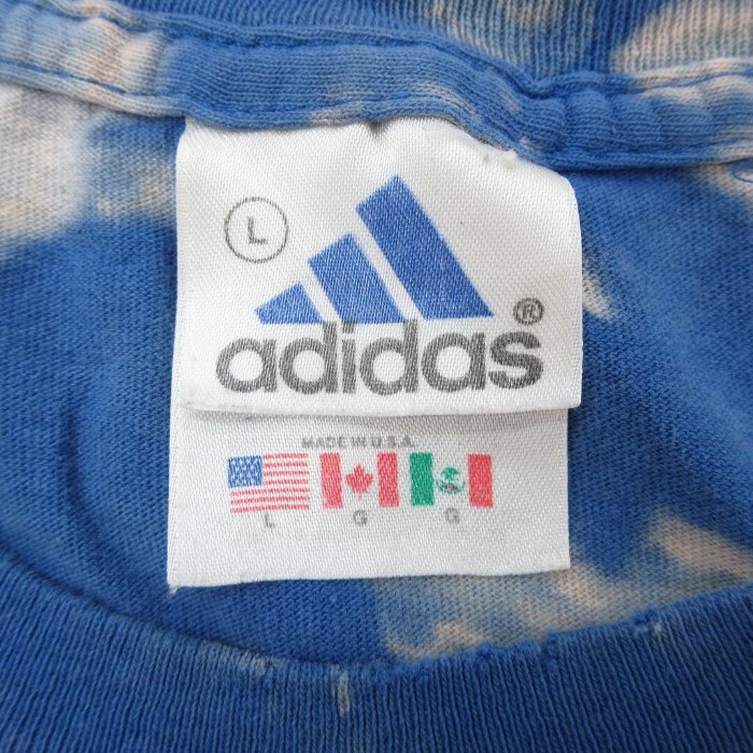 adidas(アディダス)のXL★古着 アディダス adidas 半袖 ビンテージ Tシャツ メンズ 90年代 90s ワンポイントロゴ コットン クルーネック USA製 青 ブルー ブリーチ加工 23jul28 中古 メンズのトップス(Tシャツ/カットソー(半袖/袖なし))の商品写真