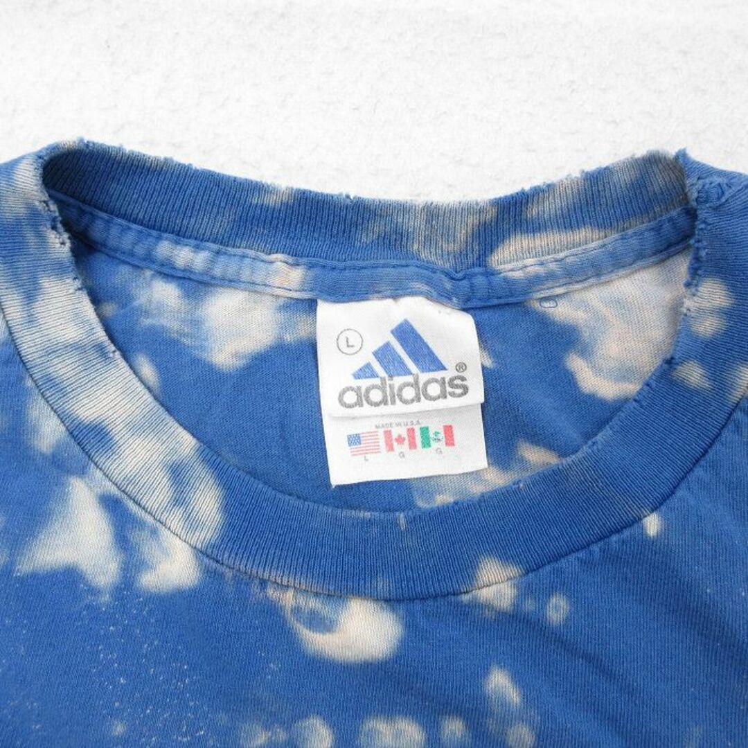 adidas(アディダス)のXL★古着 アディダス adidas 半袖 ビンテージ Tシャツ メンズ 90年代 90s ワンポイントロゴ コットン クルーネック USA製 青 ブルー ブリーチ加工 23jul28 中古 メンズのトップス(Tシャツ/カットソー(半袖/袖なし))の商品写真