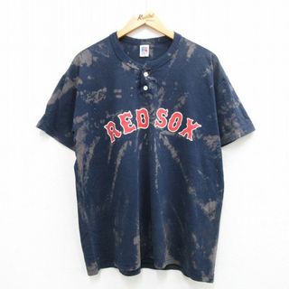 XL★古着 ラッセル 半袖 ビンテージ Tシャツ メンズ 00年代 00s MLB ボストンレッドソックス ヘンリーネック 紺他 ネイビー ブリーチ加工 メジャーリーグ ベースボール 野球 23jul31 中古(Tシャツ/カットソー(半袖/袖なし))