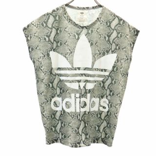 ハイク × アディダス コラボ パイソン柄 トレフォイルロゴ 半袖 Tシャツ S カーキ系 HYKE × adidas フレンチスリーブ レディース 古着 【240322】 メール便可