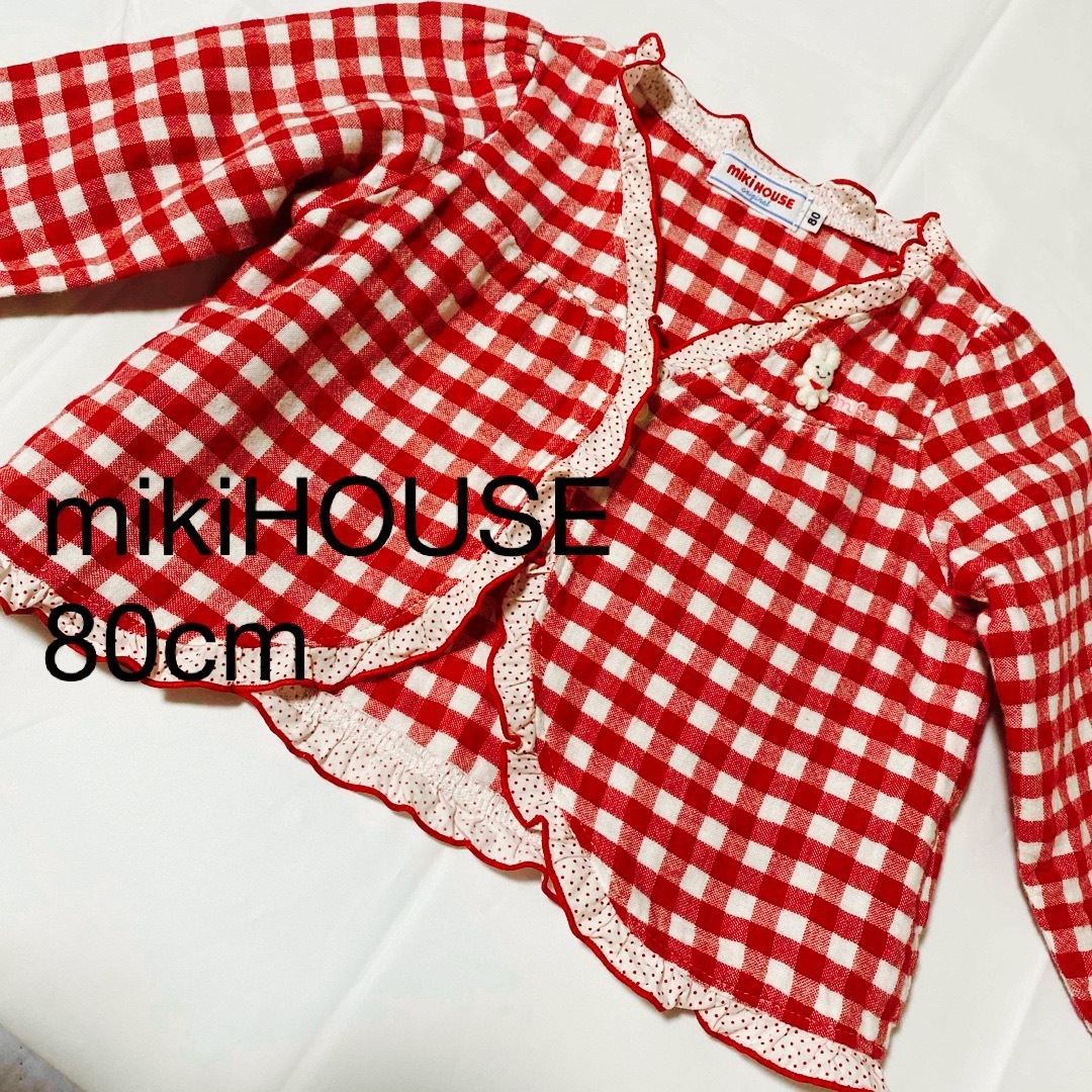 mikihouse(ミキハウス)のmikiHOUSE  カーディガン　80cm    チェック　ホワイト　レッド キッズ/ベビー/マタニティのベビー服(~85cm)(カーディガン/ボレロ)の商品写真