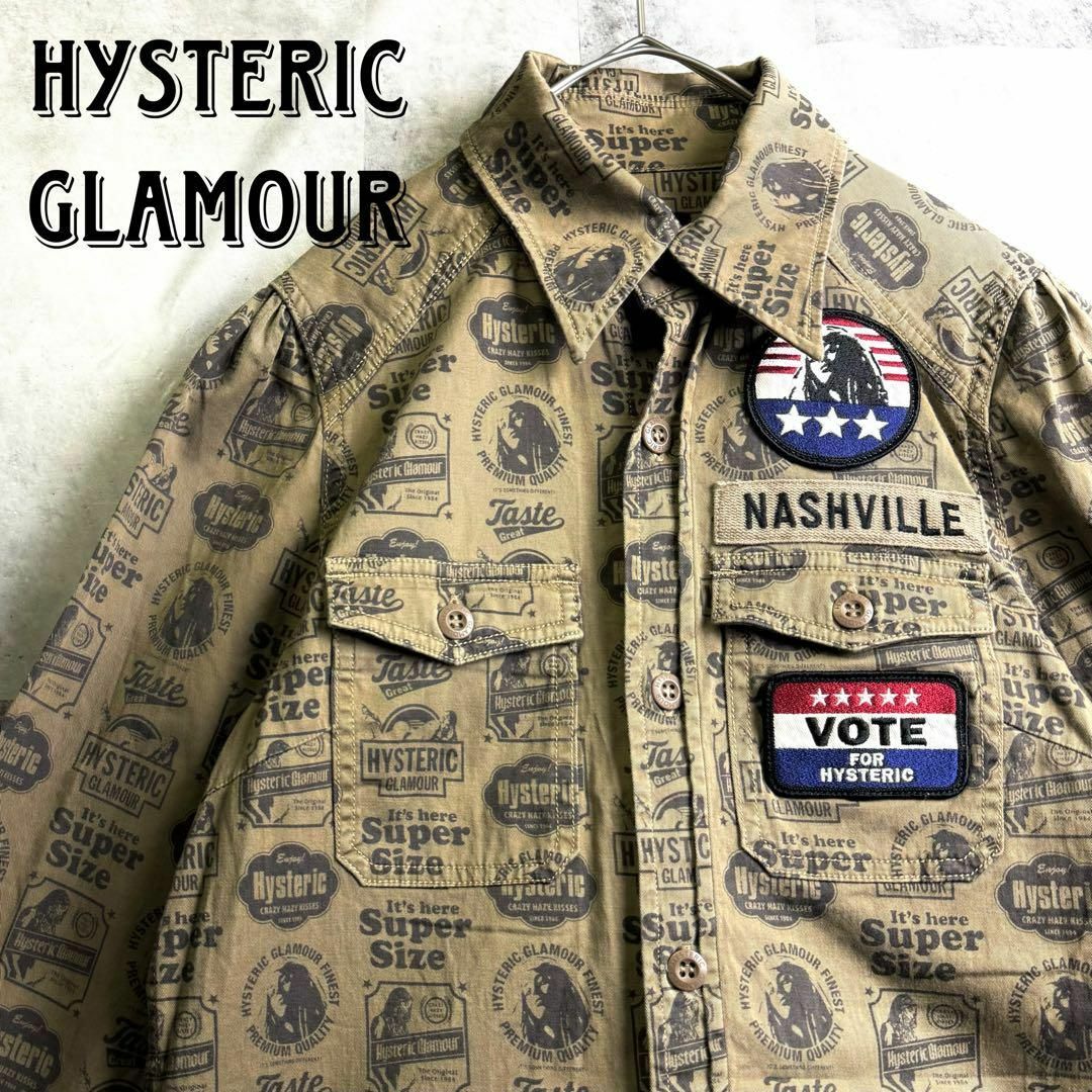 HYSTERIC GLAMOUR(ヒステリックグラマー)の美品 ヒステリックグラマー ミリタリーシャツ ガール総柄 刺繍 カーキ S相当 メンズのトップス(シャツ)の商品写真