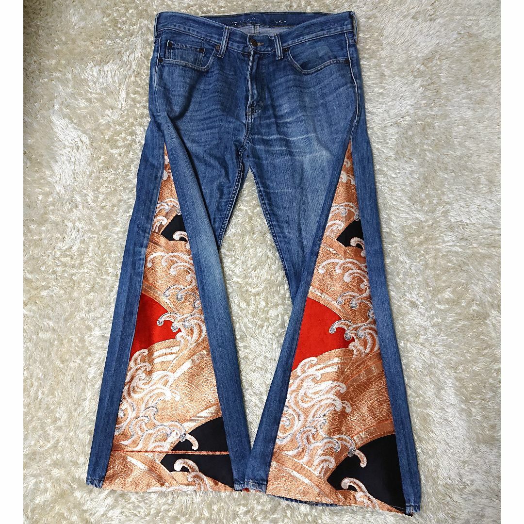 リメイク　 デニム ブルー　再構築　ドッキング フレアパンツ 帯 着物 メンズのパンツ(デニム/ジーンズ)の商品写真