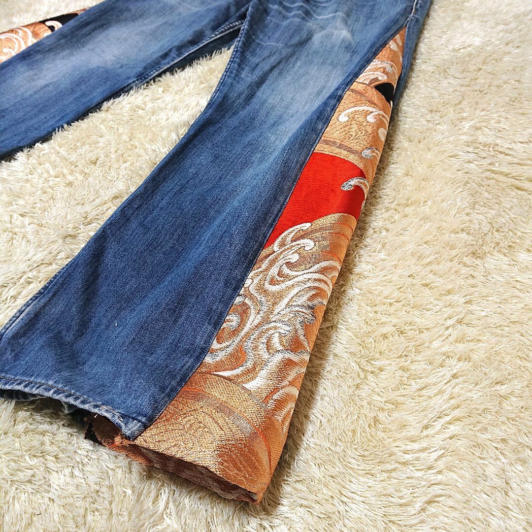 リメイク　 デニム ブルー　再構築　ドッキング フレアパンツ 帯 着物 メンズのパンツ(デニム/ジーンズ)の商品写真