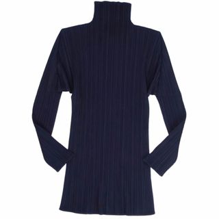 プリーツプリーズイッセイミヤケ(PLEATS PLEASE ISSEY MIYAKE)の美品 プリーツプリーズ イッセイミヤケ PLEATS PLEASE シャツ ブラウス ロングスリーブ 長袖 ハイネック プリーツ トップス レディース 3(L相当) ネイビー(シャツ/ブラウス(長袖/七分))