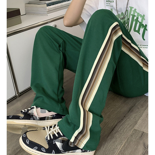 サイドライン ストリート パンツ モード パンツ メンズ　グリーン　韓国(ワークパンツ/カーゴパンツ)