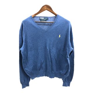 ポロラルフローレン(POLO RALPH LAUREN)のPolo by Ralph Lauren ポロ ラルフローレン コットン ニット Vネック セーター ワンポイントロゴ ブルー (メンズ L) 中古 古着 Q1489(ニット/セーター)