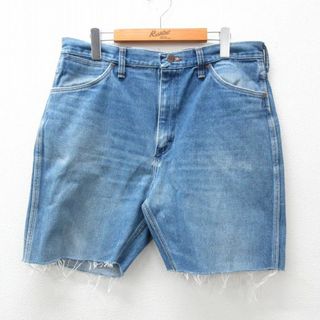 ラングラー(Wrangler)のW36★古着 ラングラー Wrangler ショート パンツ ショーツ メンズ 80年代 80s ヒゲ USA製 紺 ネイビー デニム 23aug02 中古 ボトムス 短パン ショーパン ハーフ(ワークパンツ/カーゴパンツ)