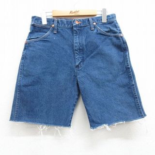 ラングラー(Wrangler)のW30★古着 ラングラー Wrangler ショート パンツ ショーツ メンズ 90年代 90s コットン USA製 紺 ネイビー デニム 23aug02 中古 ボトムス 短パン ショーパン ハーフ(ワークパンツ/カーゴパンツ)