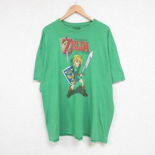 XL★古着 半袖 Tシャツ メンズ ゲーム ニンテンドー ゼルダの伝説 リンク 大きいサイズ クルーネック 緑 グリーン 霜降り 23aug02 中古(Tシャツ/カットソー(半袖/袖なし))