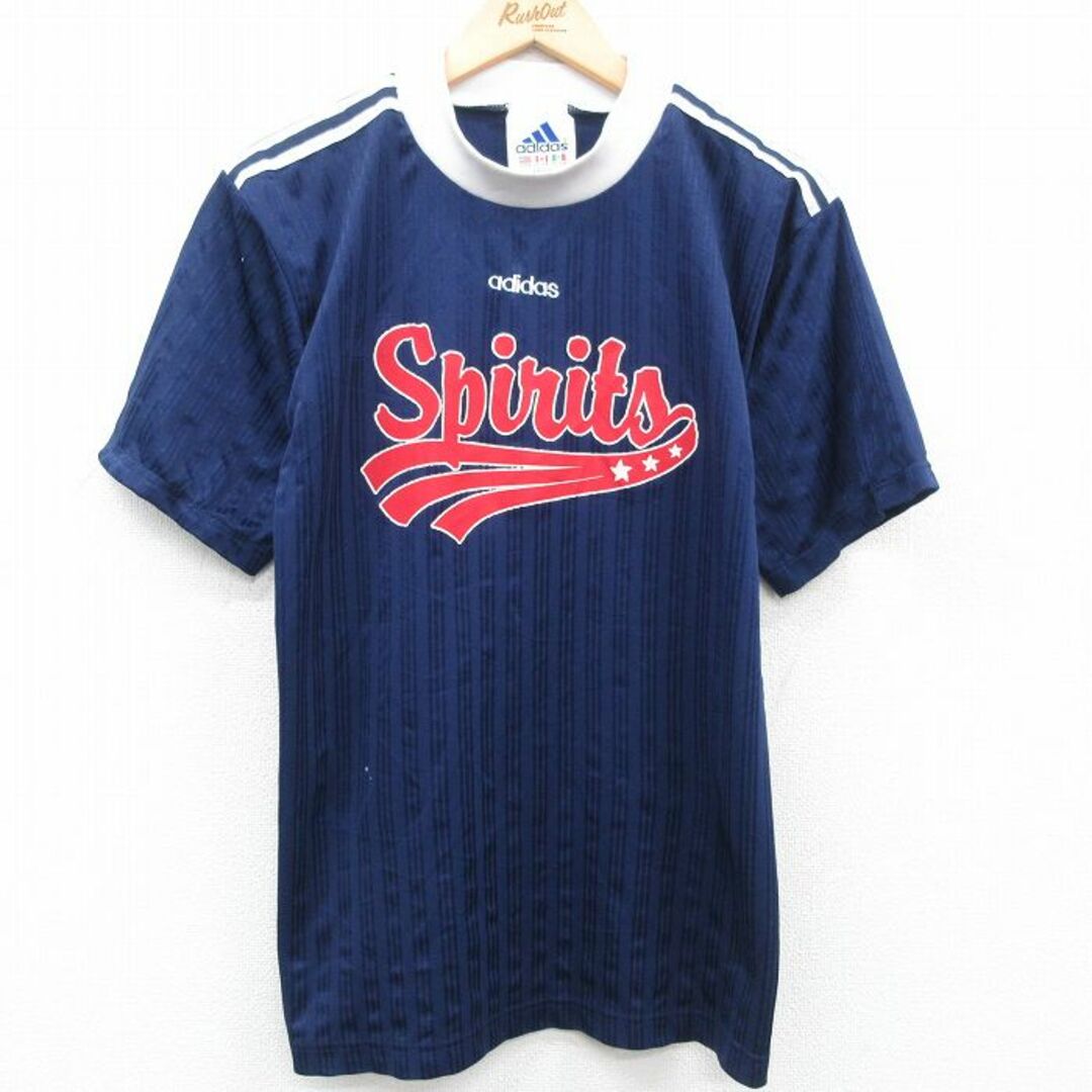 adidas(アディダス)のM★古着 アディダス adidas 半袖 ビンテージ サッカー Tシャツ メンズ 90年代 90s Spirits クルーネック USA製 紺他 ネイビー 3本ライン ストライプ 23aug01 中古 メンズのトップス(Tシャツ/カットソー(半袖/袖なし))の商品写真