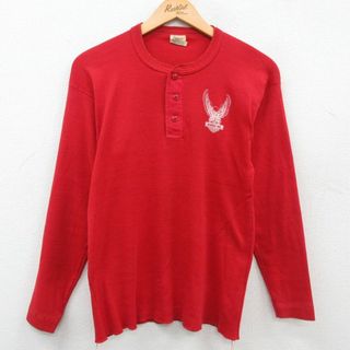 ヘルスニット(Healthknit)のM★古着 ヘルスニット 長袖 ビンテージ Tシャツ メンズ 80年代 80s ミルウォーキー 鳥 モーターサイクル ヘンリーネック USA製 赤 レッド 23aug01 中古(Tシャツ/カットソー(半袖/袖なし))