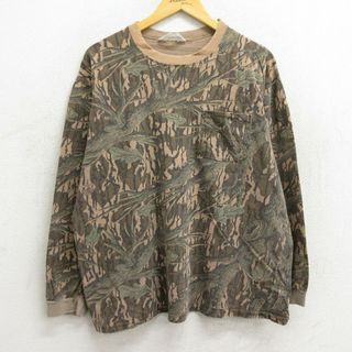 XL★古着 キー Key 長袖 ビンテージ Tシャツ メンズ 80年代 80s モッシーオーク 胸ポケット付き クルーネック 茶他 ブラウン 迷彩 23aug03 中古(Tシャツ/カットソー(半袖/袖なし))