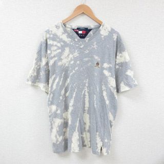 トミーヒルフィガー(TOMMY HILFIGER)のXL★古着 トミーヒルフィガー TOMMY HILFIGER 半袖 ブランド Tシャツ メンズ 90年代 90s ワンポイントロゴ コットン クルーネック グレー ブリーチ加工 23aug01 中古(Tシャツ/カットソー(半袖/袖なし))