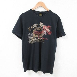 ラッキーブランド(Lucky Brand)のL★古着 ラッキーブランド Lucky Brand 半袖 ブランド Tシャツ メンズ 羽 コットン クルーネック 黒 ブラック 23aug03 中古(Tシャツ/カットソー(半袖/袖なし))