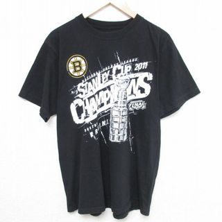 リーボック(Reebok)のL★古着 リーボック REEBOK 半袖 ブランド Tシャツ メンズ NHL ボストンブルーインズ コットン クルーネック 黒 ブラック アイスホッケー 23aug03 中古(Tシャツ/カットソー(半袖/袖なし))