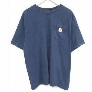 カーハートダブリューアイピー(Charhartt WIP)のXL★古着 カーハート Carhartt 半袖 ブランド Tシャツ メンズ ワンポイントロゴ 胸ポケット付き 大きいサイズ コットン クルーネック 紺 ネイビー 23aug03 中古(Tシャツ/カットソー(半袖/袖なし))