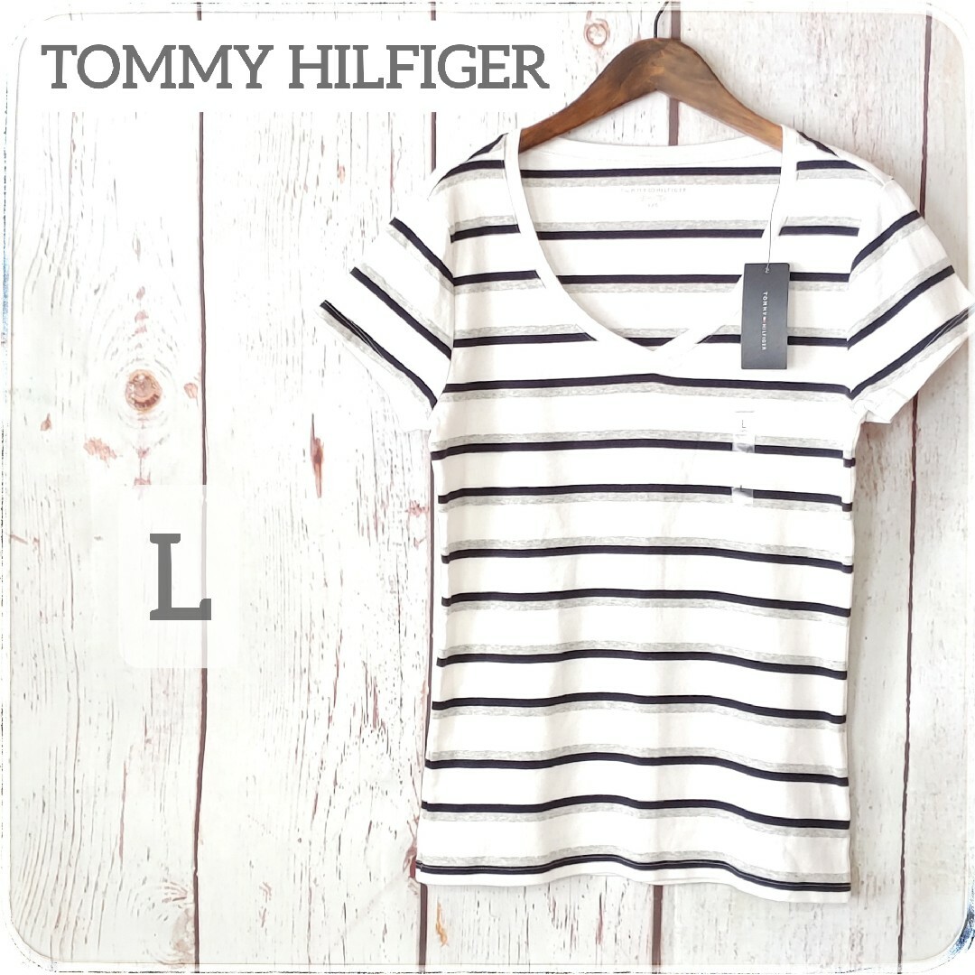 TOMMY HILFIGER(トミーヒルフィガー)のタグ付き新品　TOMMY HILFIGER　Tシャツ　ボーダー　Vネック　半袖 レディースのトップス(Tシャツ(半袖/袖なし))の商品写真