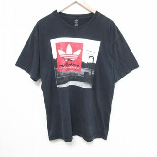 アディダス(adidas)のL★古着 アディダス adidas 半袖 ブランド Tシャツ メンズ ビッグロゴ リーフ トレフォイル クルーネック 黒 ブラック 23aug03 中古(Tシャツ/カットソー(半袖/袖なし))