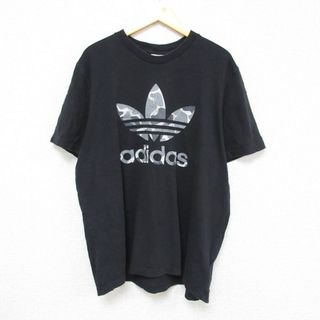 アディダス(adidas)のXL★古着 アディダス adidas 半袖 ブランド Tシャツ メンズ ビッグロゴ リーフ トレフォイル 大きいサイズ コットン クルーネック 黒 ブラック 23aug04 中古(Tシャツ/カットソー(半袖/袖なし))