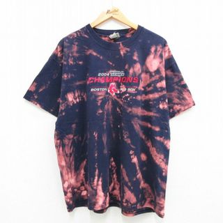 リー(Lee)のXL★古着 リー Lee 半袖 ビンテージ Tシャツ メンズ 00年代 00s MLB ボストンレッドソックス ワールドシリーズ 刺繍 大きいサイズ クルーネック 紺他 ネイビー ブリーチ加工 メジャーリーグ ベースボール 野球 23aug01 中古(Tシャツ/カットソー(半袖/袖なし))