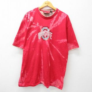 XL★古着 半袖 ビンテージ Tシャツ メンズ 00年代 00s オハイオ バックアイズ ロング丈 コットン クルーネック 赤 レッド ブリーチ加工 23aug01 中古(Tシャツ/カットソー(半袖/袖なし))