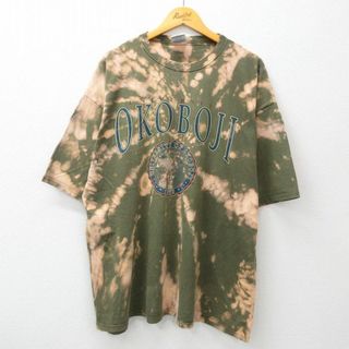 XL★古着 半袖 ビンテージ Tシャツ メンズ 90年代 90s オコボジ カレッジ 大きいサイズ コットン クルーネック USA製 緑他 グリーン ブリーチ加工 23aug01 中古(Tシャツ/カットソー(半袖/袖なし))