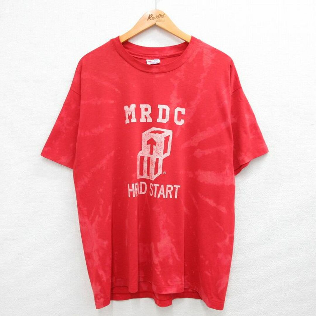 Hanes(ヘインズ)のXL★古着 ヘインズ Hanes 半袖 ビンテージ Tシャツ メンズ 90年代 90s MRDC 矢印 クルーネック USA製 赤他 レッド ブリーチ加工 23aug01 中古 メンズのトップス(Tシャツ/カットソー(半袖/袖なし))の商品写真