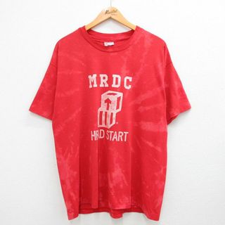 ヘインズ(Hanes)のXL★古着 ヘインズ Hanes 半袖 ビンテージ Tシャツ メンズ 90年代 90s MRDC 矢印 クルーネック USA製 赤他 レッド ブリーチ加工 23aug01 中古(Tシャツ/カットソー(半袖/袖なし))