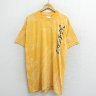 ヘインズ(Hanes)のL★古着 ヘインズ Hanes 半袖 ビンテージ Tシャツ メンズ 80年代 80s ワシ ロング丈 クルーネック USA製 黄他 イエロー ブリーチ加工 23aug01 中古(Tシャツ/カットソー(半袖/袖なし))