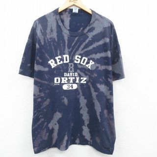 XL★古着 ラッセル 半袖 ビンテージ Tシャツ メンズ 00年代 00s MLB ボストンレッドソックス デビッドオルティーズ 大きいサイズ クルーネック 紺 ネイビー ブリーチ加工 メジャーリーグ ベースボール 野球 23aug02 中古(Tシャツ/カットソー(半袖/袖なし))