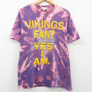 XL★古着 半袖 ビンテージ Tシャツ メンズ 90年代 90s NFL ミネソタバイキングス コットン クルーネック USA製 紫 パープル ブリーチ加工 アメフト スーパーボウル 【spe】 23aug03 中古(Tシャツ/カットソー(半袖/袖なし))