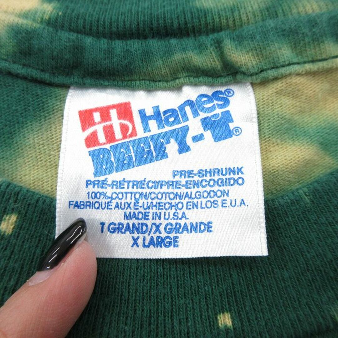 Hanes(ヘインズ)のXL★古着 ヘインズ Hanes 半袖 ビンテージ Tシャツ メンズ 90年代 90s ケウカ カレッジ コットン クルーネック USA製 緑他 グリーン ブリーチ加工 23aug03 中古 メンズのトップス(Tシャツ/カットソー(半袖/袖なし))の商品写真