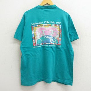 XL★古着 半袖 ビンテージ Tシャツ メンズ 90年代 90s Arts in the heart 大きいサイズ コットン クルーネック USA製 青緑 23aug04 中古(Tシャツ/カットソー(半袖/袖なし))