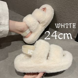 ファーサンダル もこもこ ホワイト 韓国 おしゃれ 厚底 秋 冬 24cm(サンダル)