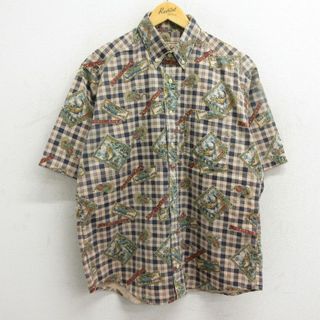 ウールリッチ(WOOLRICH)のXL★古着 ウールリッチ WOOLRICH 半袖 シャツ メンズ 00年代 00s 魚 釣り 総柄 コットン ボタンダウン ベージュ他 カーキ チェック 23aug07 中古 トップス(シャツ)