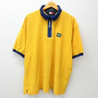 トミーヒルフィガー(TOMMY HILFIGER)のXL★古着 トミーヒルフィガー TOMMY HILFIGER 半袖 ハーフジップ ブランド トップス メンズ 90年代 90s ワンポイントロゴ パイル地 大きいサイズ コットン 黄他 イエロー 23aug08 中古(シャツ)