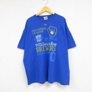 マジェスティック(Majestic)のXL★古着 マジェスティック 半袖 Tシャツ メンズ MLB ミルウォーキーブルワーズ 大きいサイズ クルーネック 青 ブルー メジャーリーグ ベースボール 野球 23aug07 中古(Tシャツ/カットソー(半袖/袖なし))