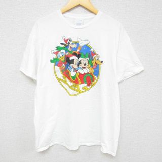 ディズニー(Disney)のL★古着 半袖 Tシャツ メンズ ディズニー DISNEY ミッキー MICKEY MOUSE ミニーマウス コットン クルーネック 白 ホワイト 23aug07 中古(Tシャツ/カットソー(半袖/袖なし))