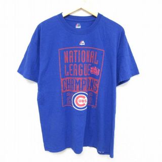 マジェスティック(Majestic)のL★古着 マジェスティック 半袖 Tシャツ メンズ MLB シカゴカブス ワールドシリーズ クルーネック 青 ブルー メジャーリーグ ベースボール 野球 23aug08 中古(Tシャツ/カットソー(半袖/袖なし))