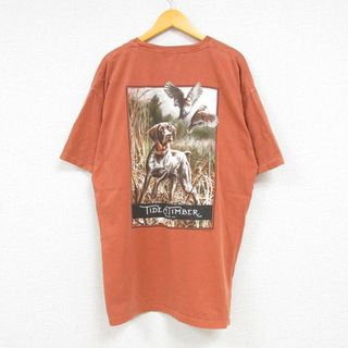 XL★古着 半袖 Tシャツ メンズ TIDE&TIMBER 犬 鳥 胸ポケット付き 大きいサイズ コットン クルーネック 茶 ブラウン 23aug08 中古(Tシャツ/カットソー(半袖/袖なし))