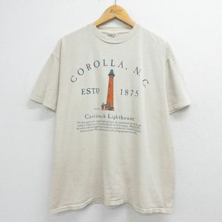 L★古着 半袖 ビンテージ Tシャツ メンズ 90年代 90s 灯台 コットン クルーネック ベージュ カーキ 23aug07 中古(Tシャツ/カットソー(半袖/袖なし))