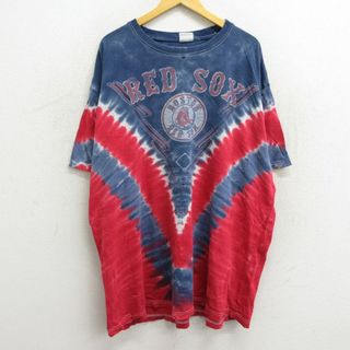 マジェスティック(Majestic)のXL★古着 マジェスティック 半袖 ビンテージ Tシャツ メンズ 00年代 00s MLB ボストンレッドソックス 大きいサイズ ロング丈 クルーネック 赤他 レッド タイダイ メジャーリーグ ベースボール 野球 23aug07 中古(Tシャツ/カットソー(半袖/袖なし))