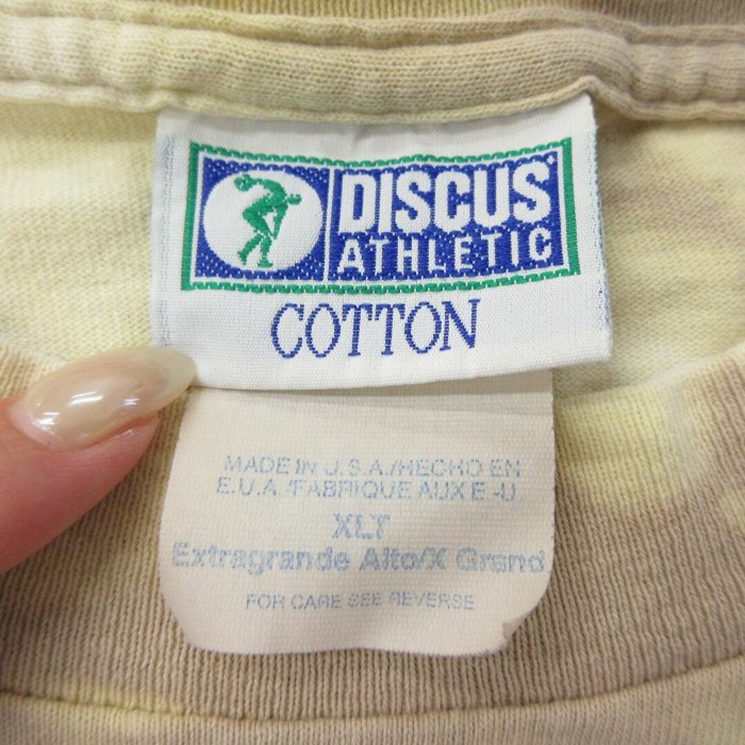 DISCUS(ディスカス)のXL★古着 ディスカス 半袖 ビンテージ Tシャツ メンズ 90年代 90s バス ミルウォーキー 胸ポケット付き ロング丈 コットン クルーネック USA製 ベージュ他 カーキ ブリーチ加工 23aug07 中古 メンズのトップス(Tシャツ/カットソー(半袖/袖なし))の商品写真