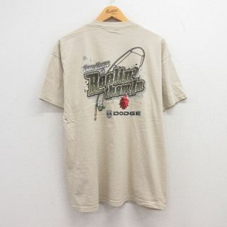 XL★古着 半袖 ビンテージ Tシャツ メンズ 00年代 00s 釣り竿 ダッジ DODGE コットン クルーネック ベージュ カーキ 23aug08 中古(Tシャツ/カットソー(半袖/袖なし))