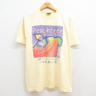 L★古着 半袖 ビンテージ Tシャツ メンズ 00年代 00s ピーチツリー ロードレース 企業広告 コットン クルーネック 薄黄 イエロー 23aug07 中古(Tシャツ/カットソー(半袖/袖なし))