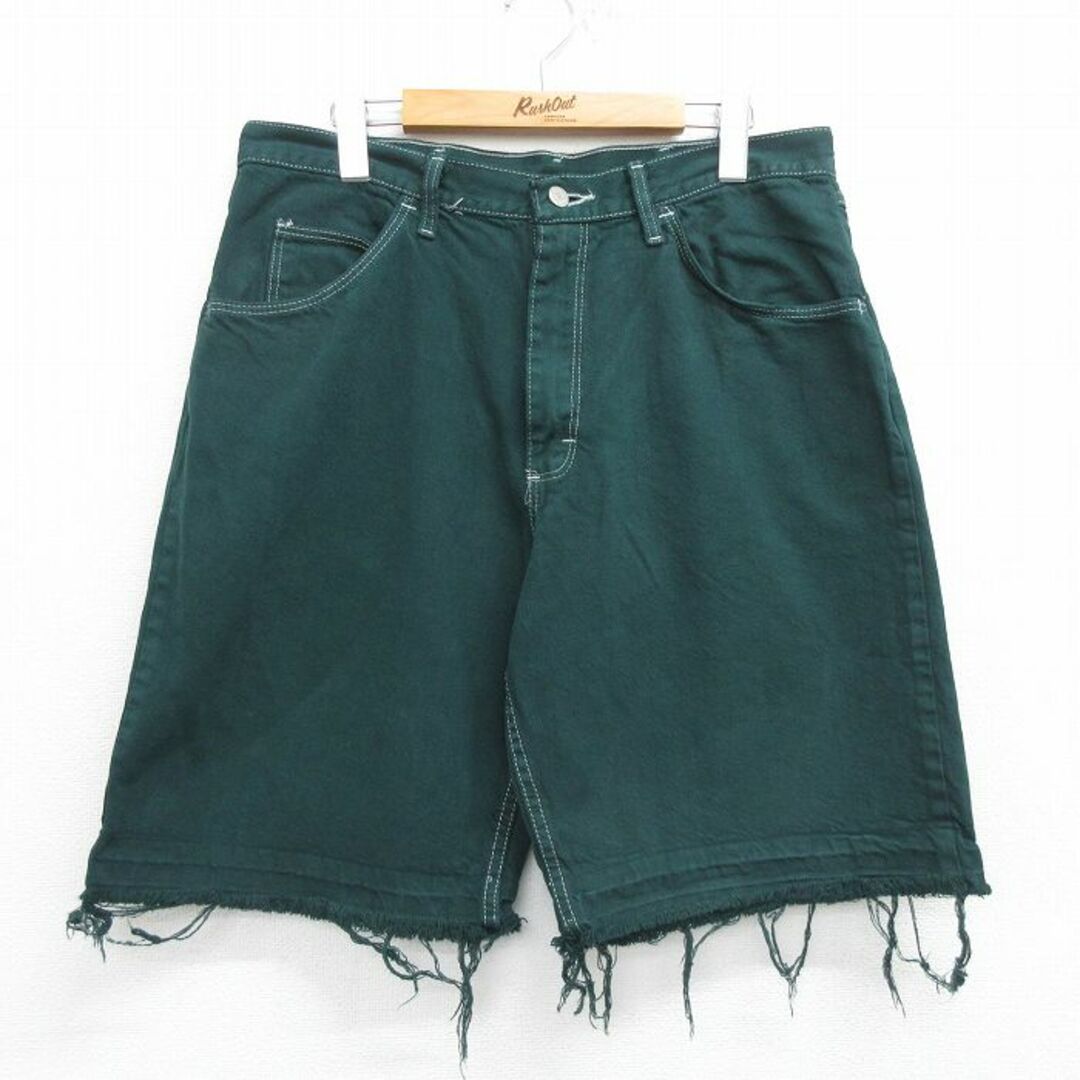 Wrangler(ラングラー)のW34★古着 ラングラー Wrangler ショート パンツ ショーツ メンズ コットン 濃緑 グリーン デニム 23aug19 中古 ボトムス 短パン ショーパン ハーフ メンズのパンツ(ワークパンツ/カーゴパンツ)の商品写真