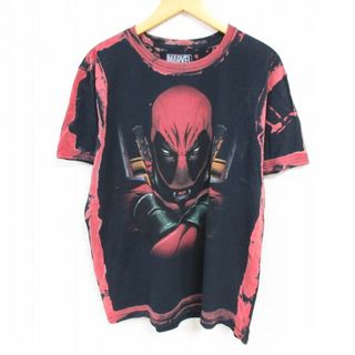 マーベル(MARVEL)のL★古着 半袖 Tシャツ メンズ マーベル デッドプール コットン クルーネック 黒他 ブラック ブリーチ加工 23aug18 中古(Tシャツ/カットソー(半袖/袖なし))