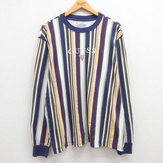 ゲス(GUESS)のXL★古着 ゲス GUESS 長袖 ブランド ビンテージ Tシャツ メンズ 00年代 00s ビッグロゴ 刺繍 大きいサイズ クルーネック 紫他 パープル ストライプ 【spe】 23aug18 中古(Tシャツ/カットソー(半袖/袖なし))